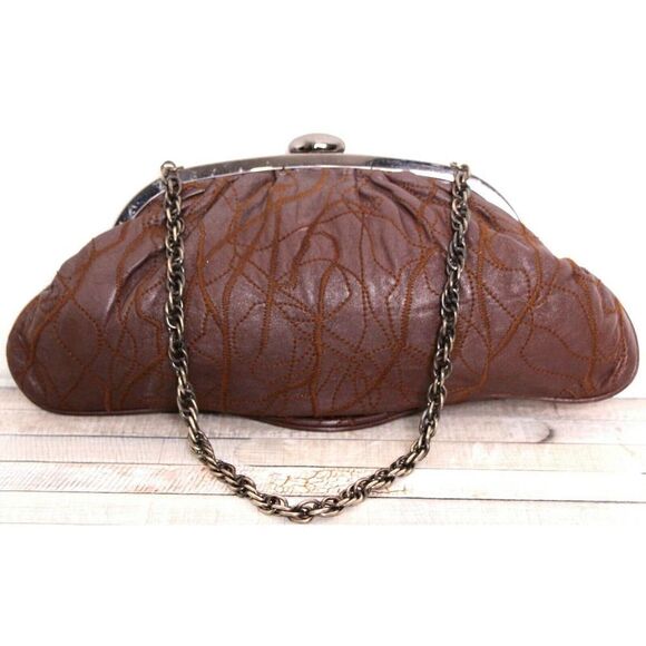 INGE PATCHWORK BROWN GENUINE LEATHER FRAME CHAIN HANDBAG SHOULDER BAG CLUTCH - Picture 2 of 10